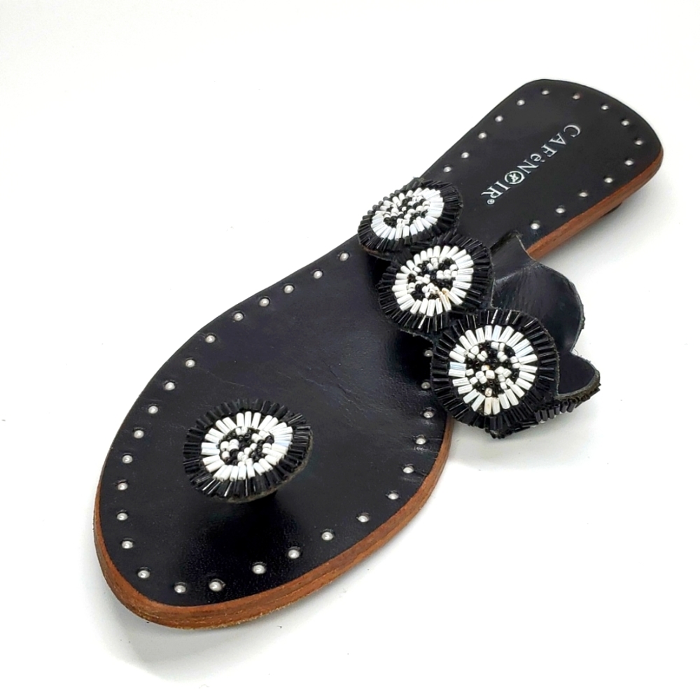 CAFeNOIR Handmade Black White Beaded Flat Sandals 38 EUC